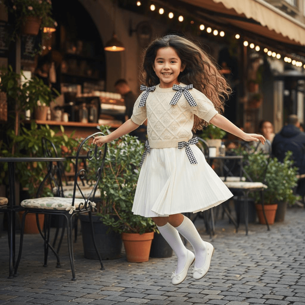 White Short Sleeved Sweater With Diamond Knit Pattern, Adorned With Black And White Bows, White Pleated Skirt, As Well As White Socks And Ballet Flats.