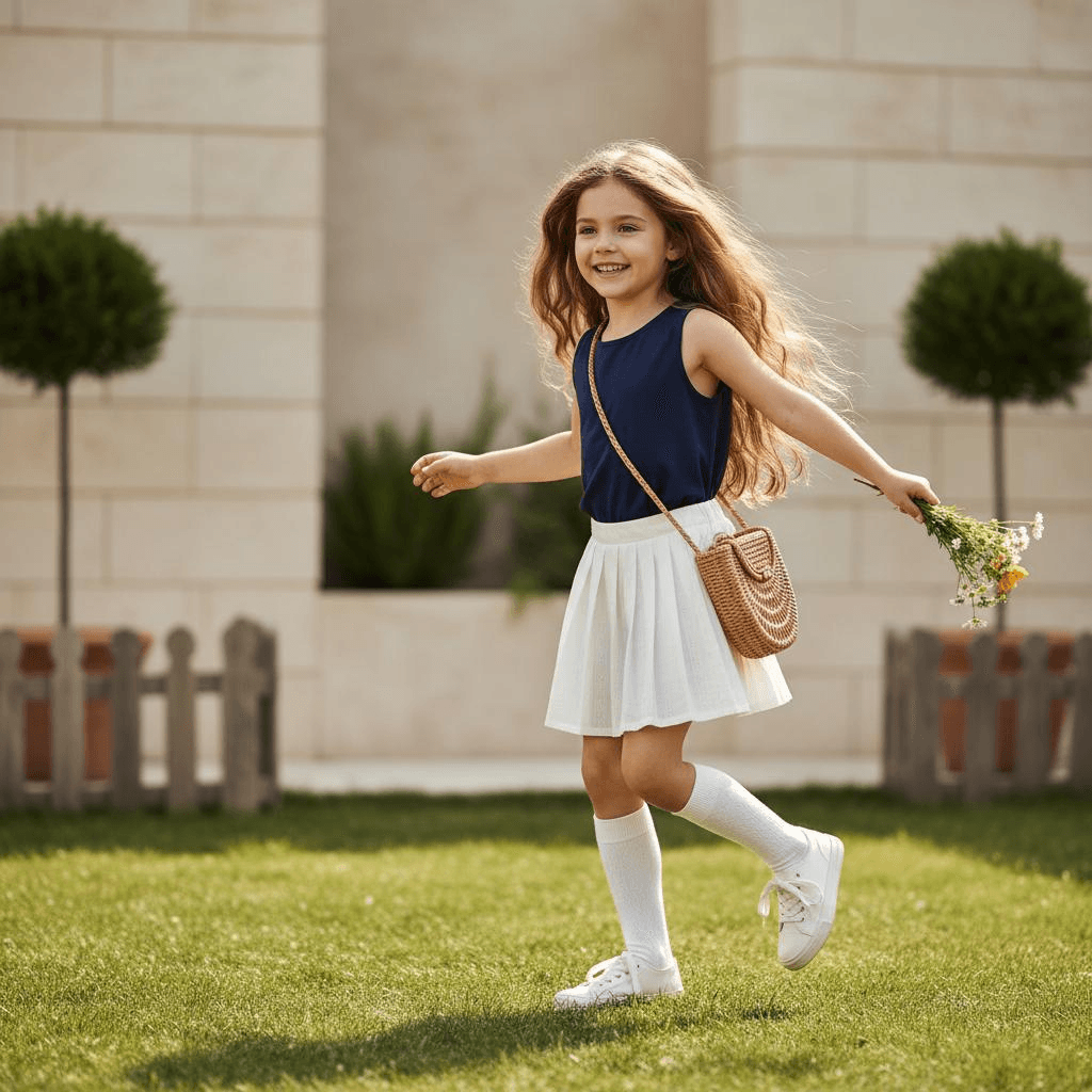 Navy Blue Sleeveless Top Paired With Pleated Skirt, Paired With Grass Basket Bag And Knee High White Socks.