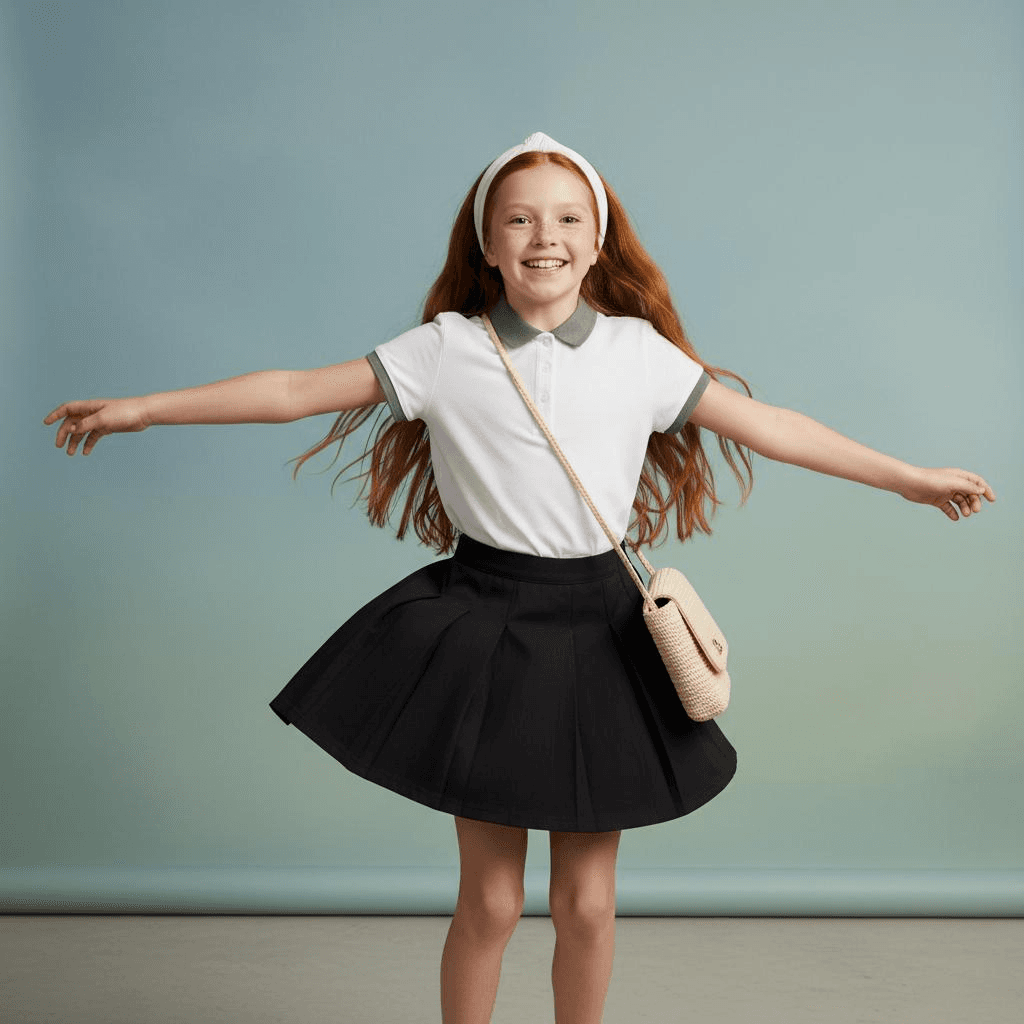 A White Short Sleeved Gray Collar Polo Shirt Paired With A Pleated Black Skirt. Comes With A White Headband And A Light Colored Handbag.