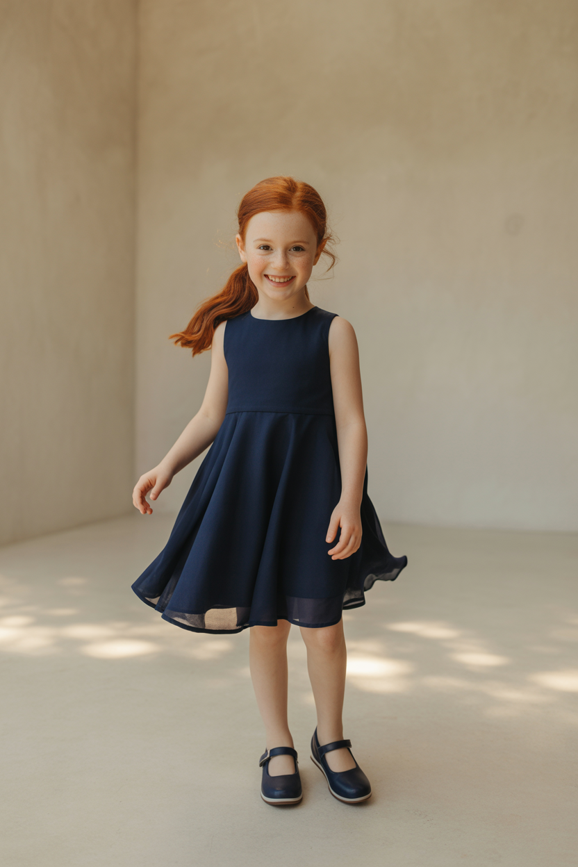 Navy Blue Sleeveless Dress With Soft Chiffon Lining Inside The Flared Skirt.Mary Jane Shoes