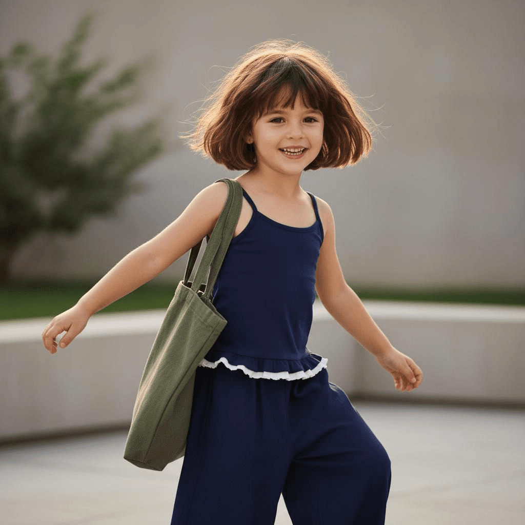 Navy Blue Slim Shoulder Strap Top With White Ruffled Edges At The Bottom. Navy Blue Wide Leg Pants, Paired With A Green Tote Bag.