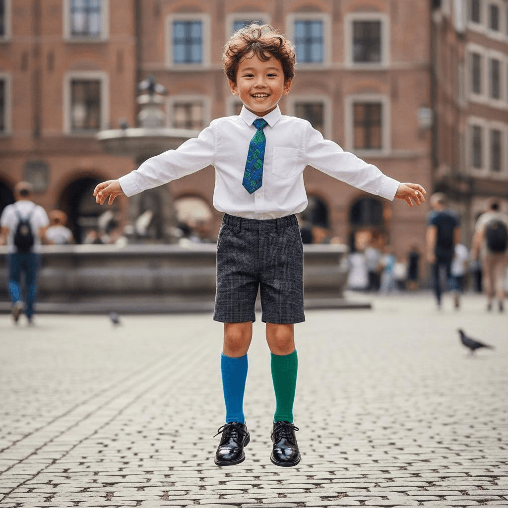 White Long Sleeved Shirt, Small Tie, Paired With Dark Checkered Shorts. Black Leather Shoes And Knee High Socks In Blue And Green.