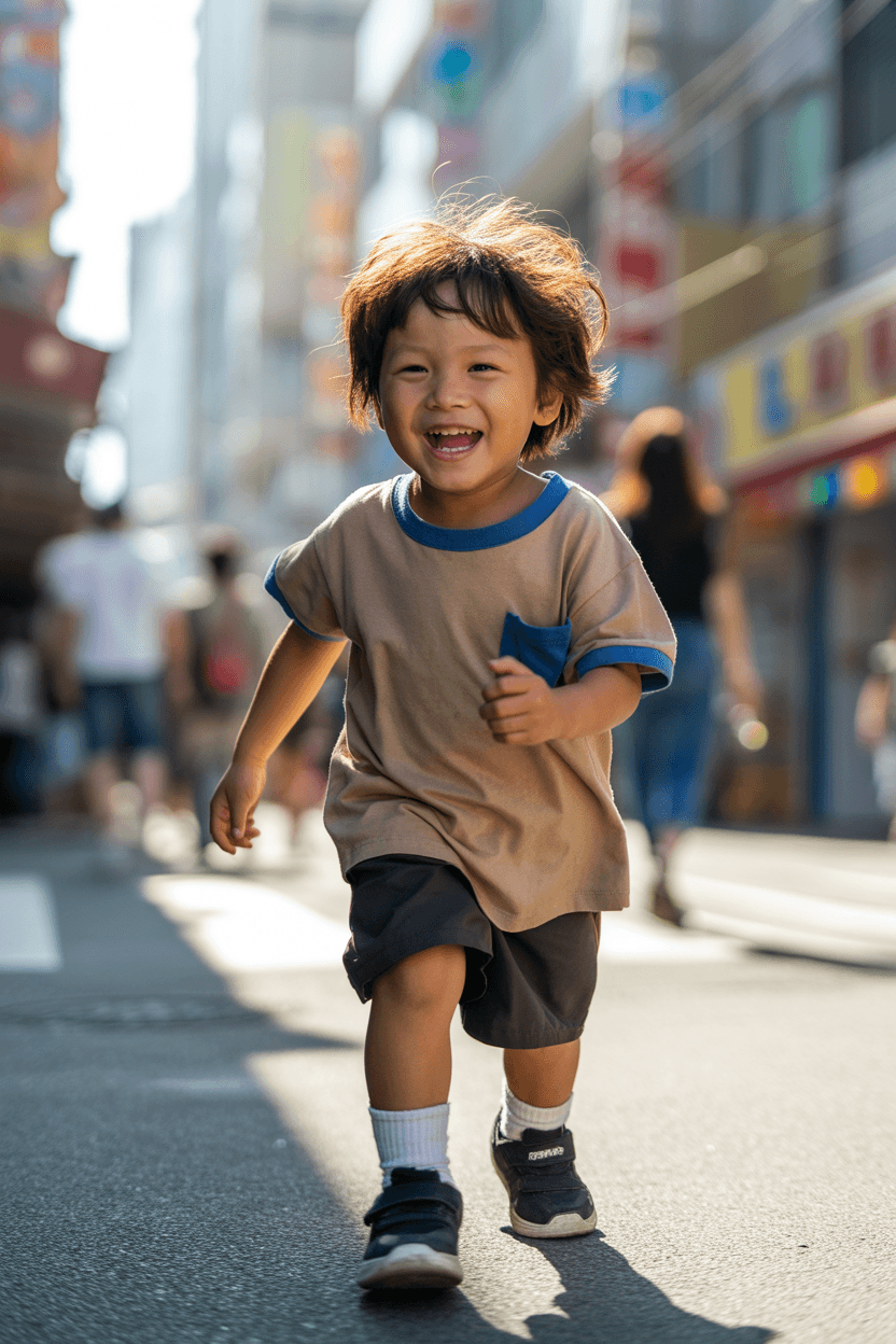 A Beige T-Shirt With Blue Trim, Paired With Shorts. White Socks And Black Sneakers.