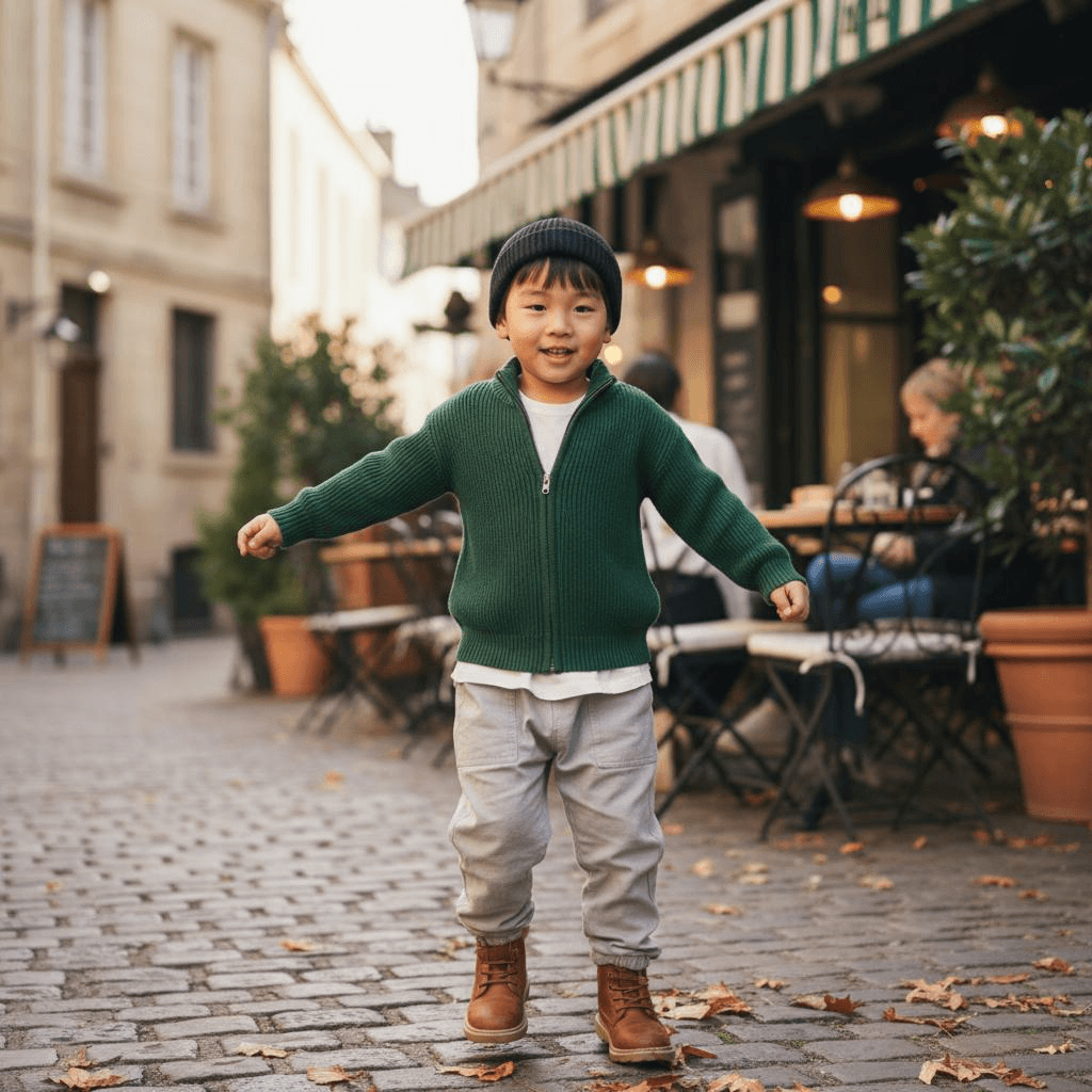 A Green Zipper Sweater And A White T-Shirt, Paired With Light Gray Loose Pants And Brown Boots. Wear A Black Hat.