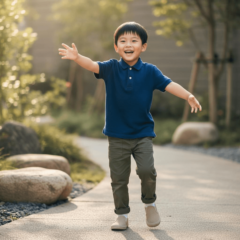A Deep Blue Polo Shirt Paired With Olive Green Work Pants, Beige Slippers, And White Socks.
