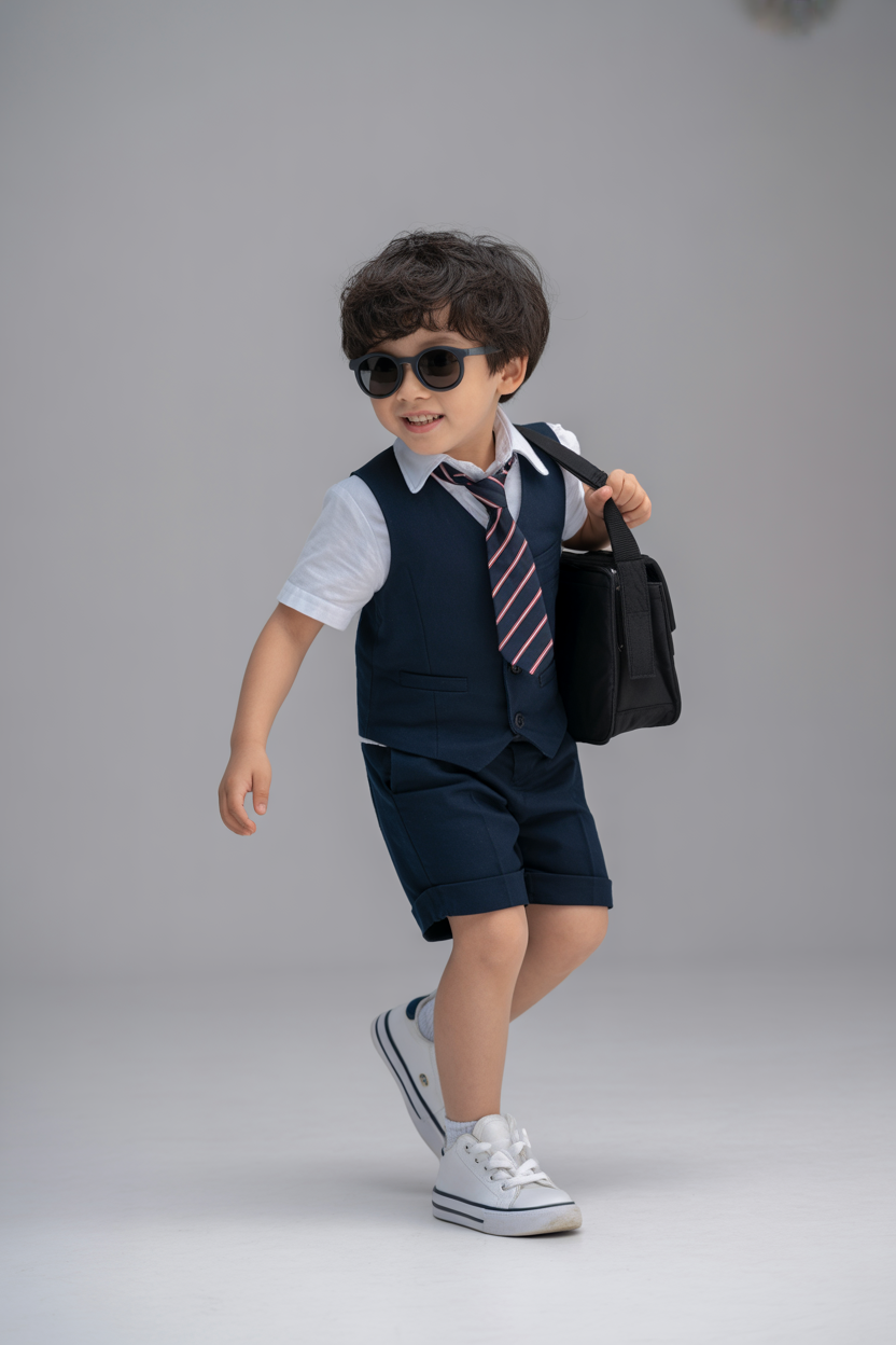 A White Shirt, A Dark Blue Vest, And Matching Shorts, Paired With A Striped Tie, Black Sunglasses, And A Black Bag. White Sneakers With Black Soles.