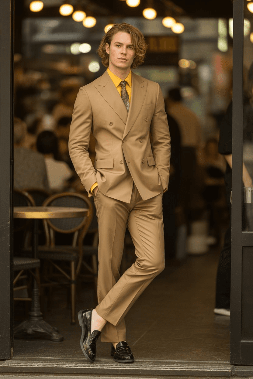 Tan Double-Breasted Suit With Yellow Shirt And Patterned Tie Finished With Black Leather Loafers