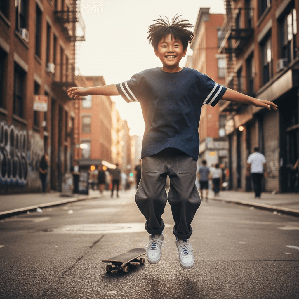 A Loose Navy Blue T-Shirt With White Accents On The Sleeves And A Pair Of Oversized Dark Gray Work Pants. White Sports Shoes.