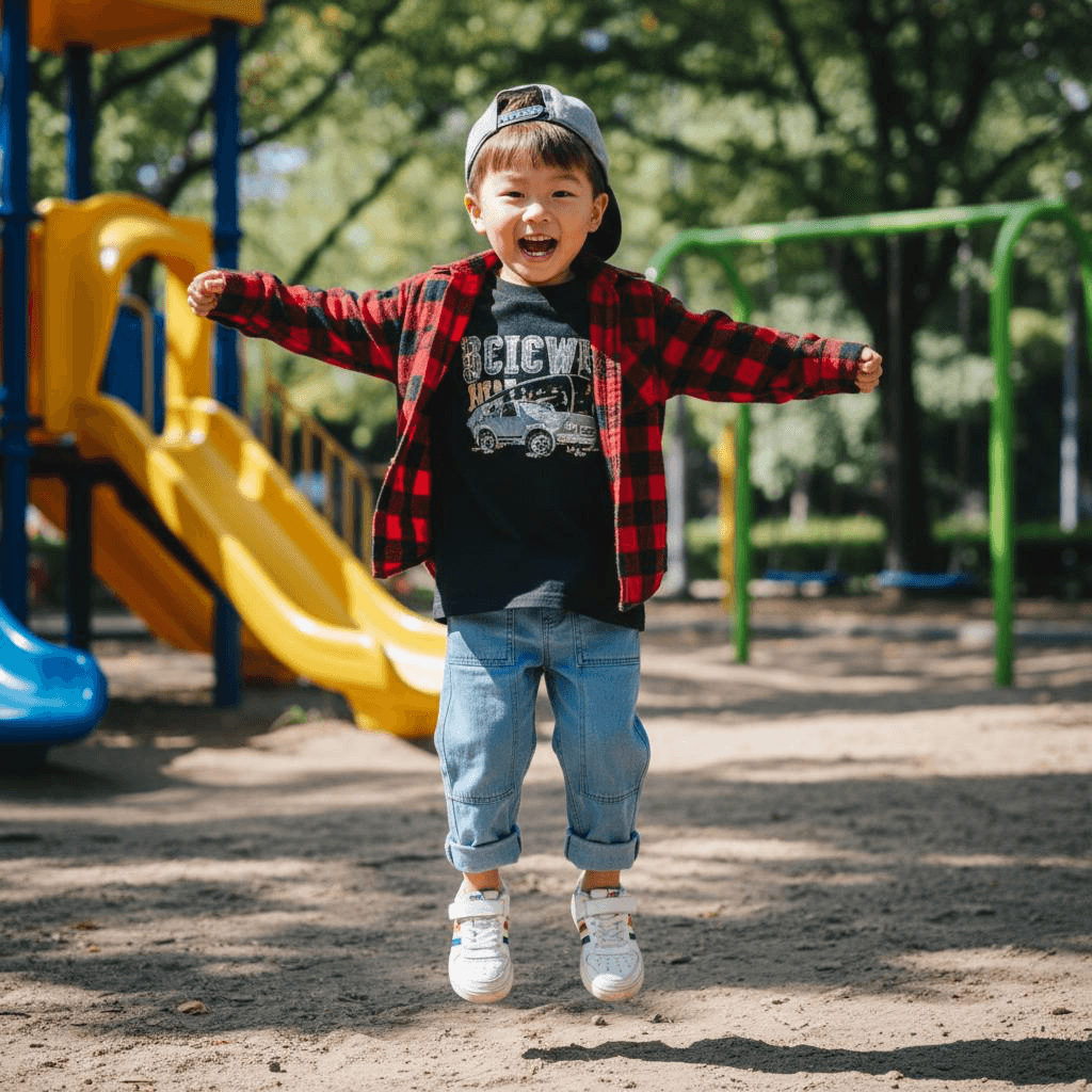 Black Oversized T-Shirt And A Checkered Shirt, Light Blue Work Pants. Grey Hat, White Sneakers,