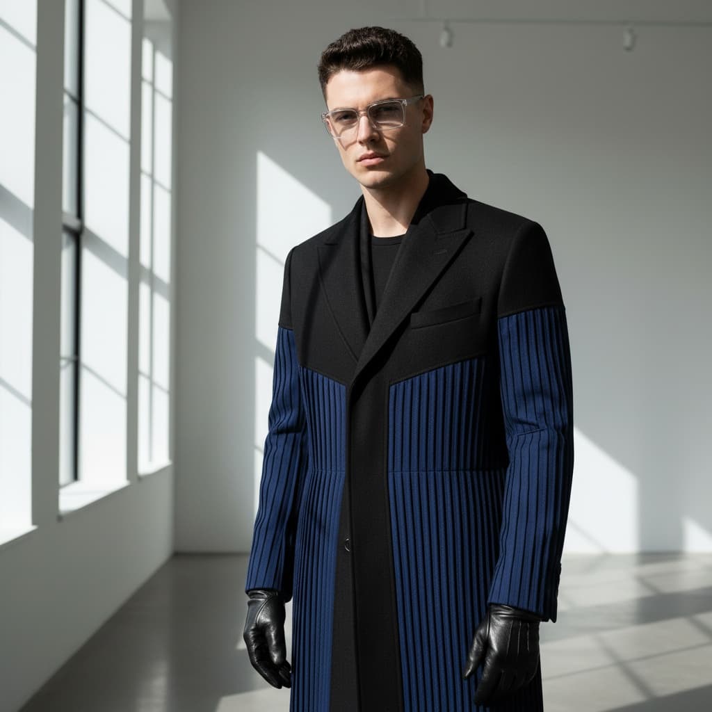 Black Coat With Blue Pleated Design, Paired With Black Gloves And Clear Glasses