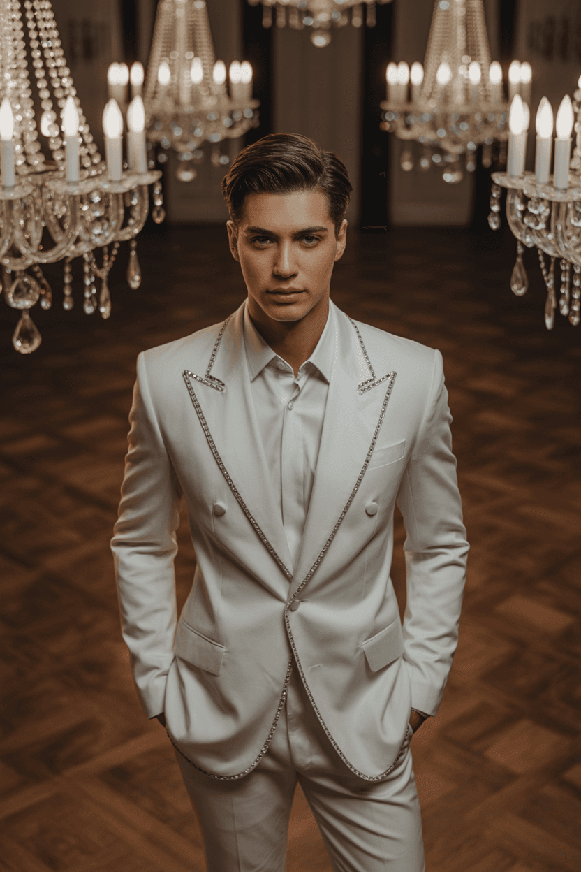 White Tailored Suit With Crystal Embellishments Along The Edges, Paired With A White Inner Shirt And Matching Trousers