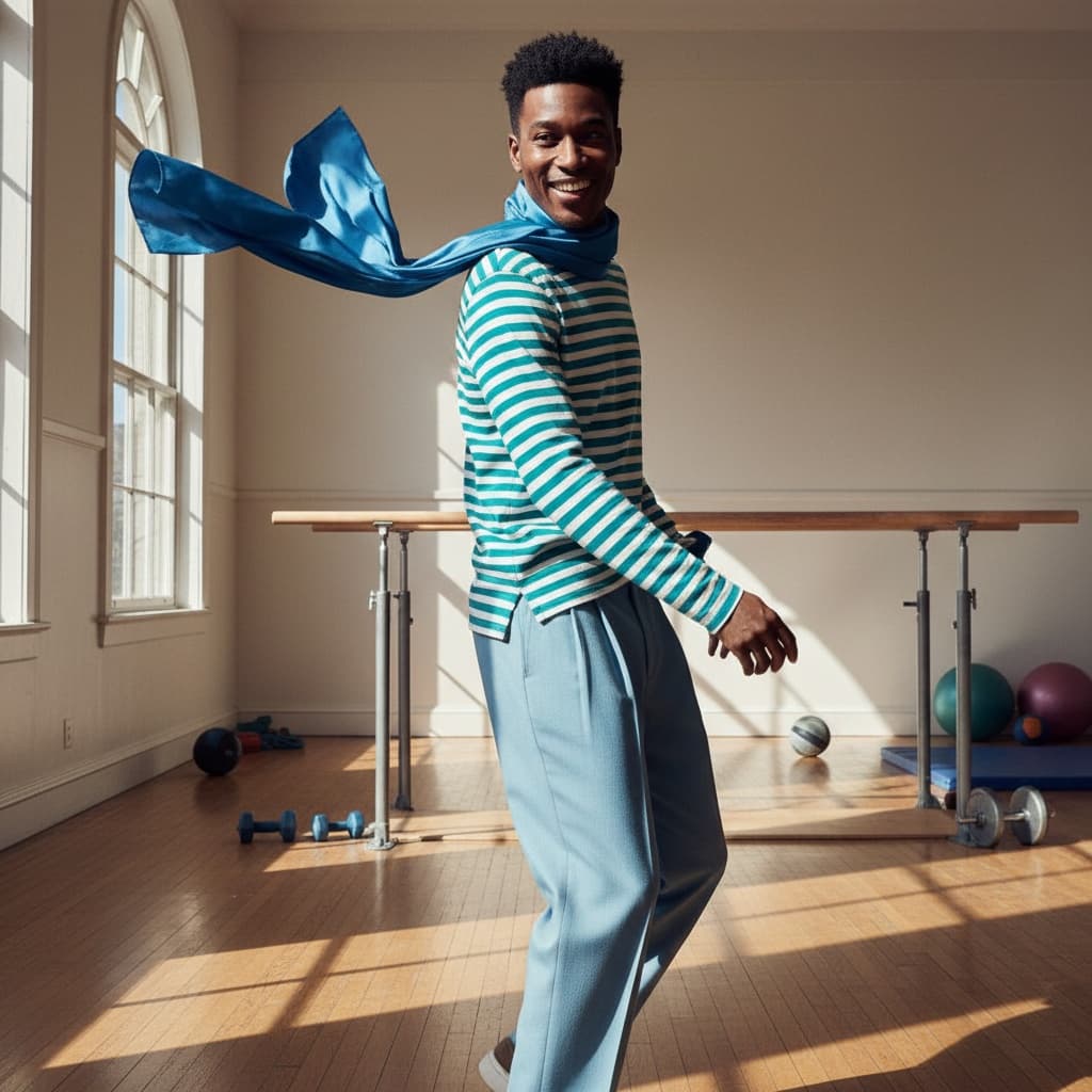 Striped Teal And White Shirt Paired With Light Blue Pleated Trousers, Accessorized With A Blue Scarf