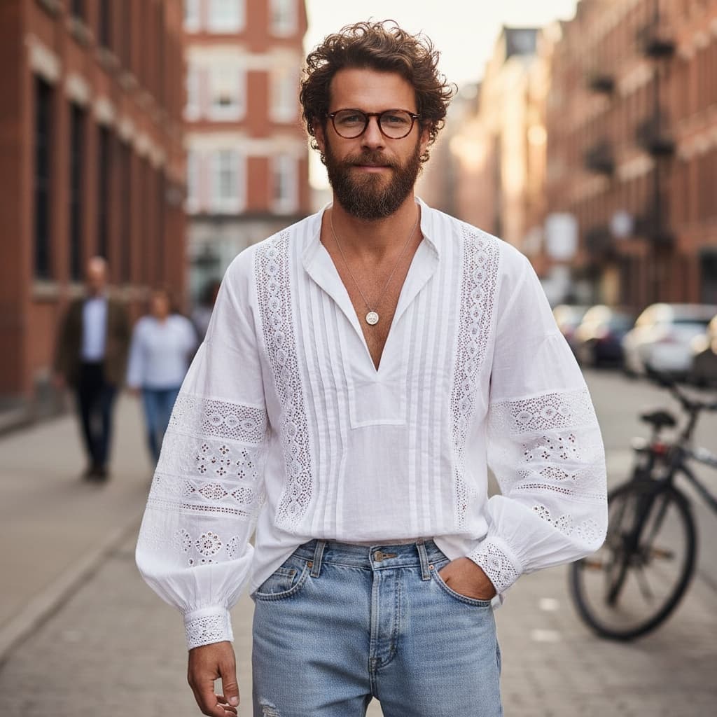 White Shirt With Intricate Lace Details On The Sleeves, Paired With Light Blue Jeans And Accessorized With Glasses And A Necklace