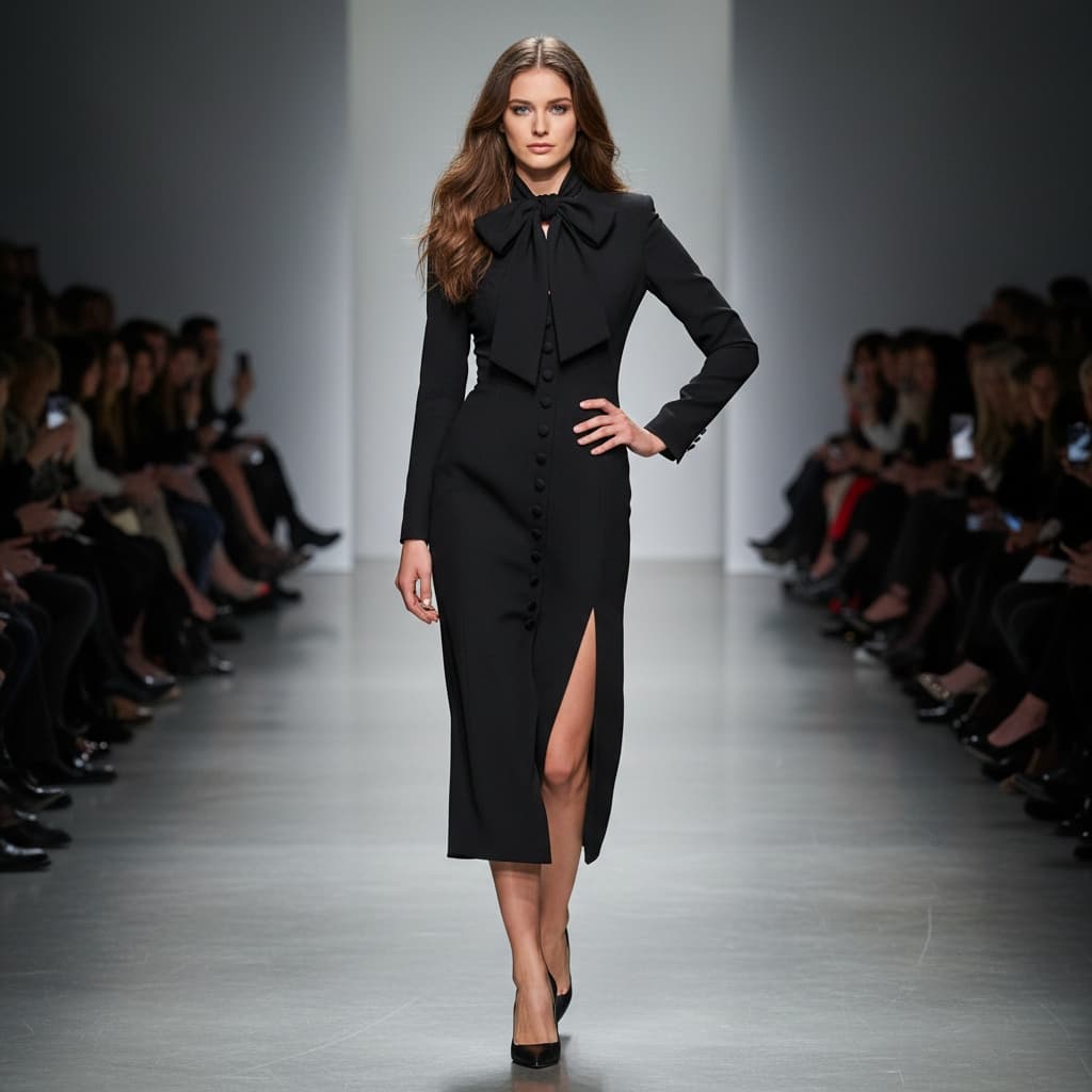 Black Dress With A Large Bow Tie At The Neck, Buttons Down The Front, And A High Slit.