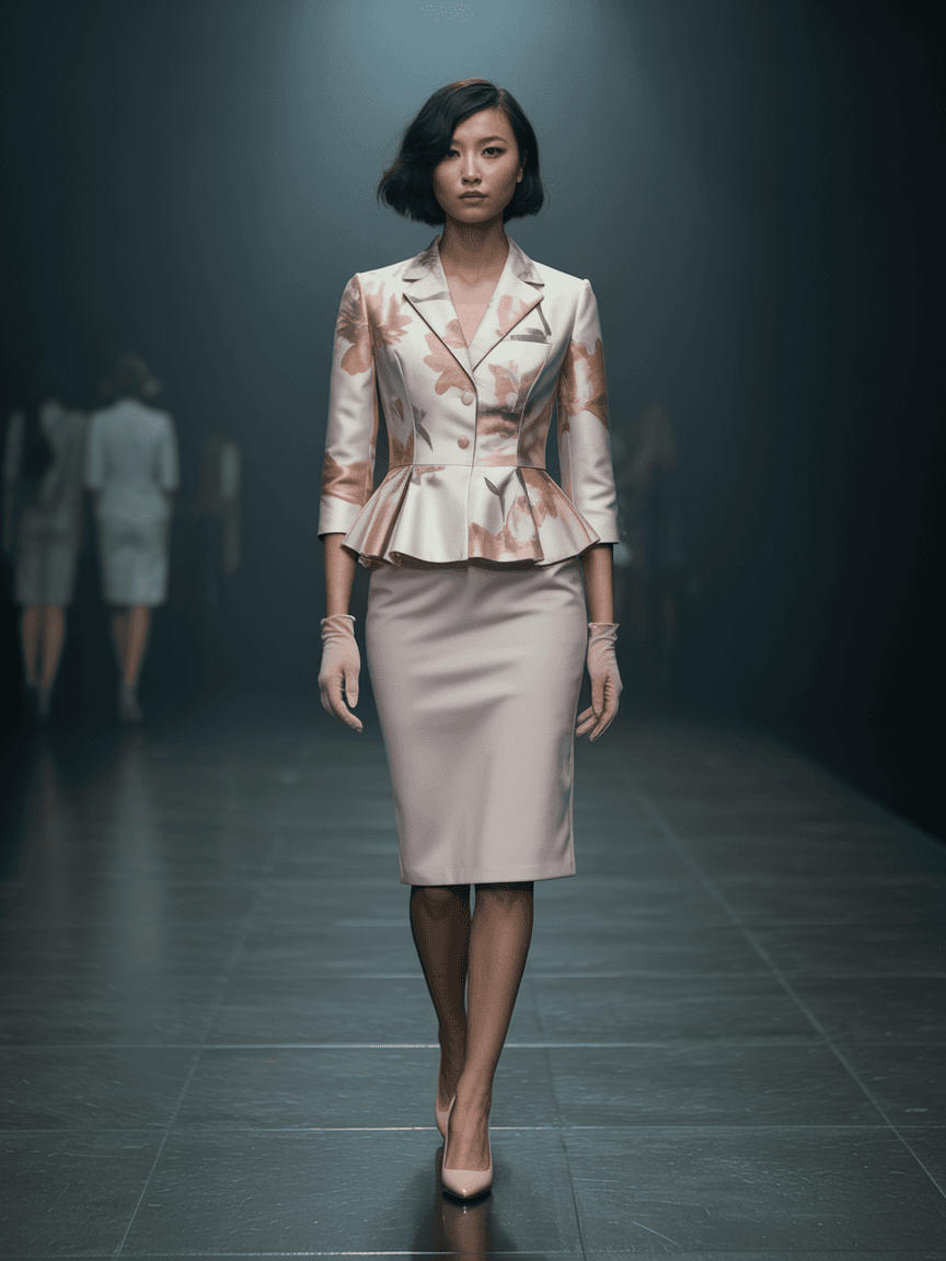 Floral-Print Peplum Suit, Paired With A Pencil Skirt, Gloves, And Nude Heels.