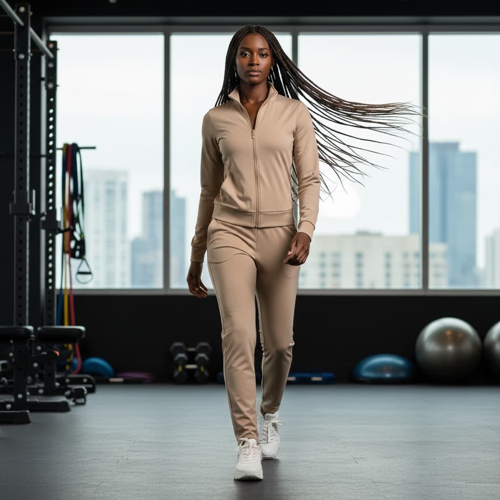 Beige Zip-Up Jacket And Matching Pants, Accessorized With White Sneakers For A Sporty Casual Look.