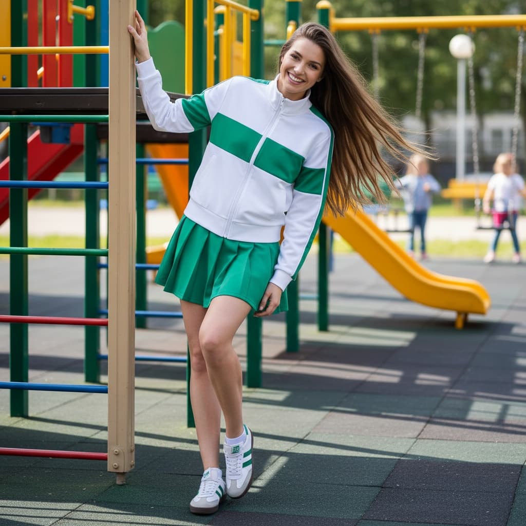 White Zip-Up Jacket With Green Stripes Paired With A Matching Green Skirt And Sneakers, Offering A Sporty Look.
