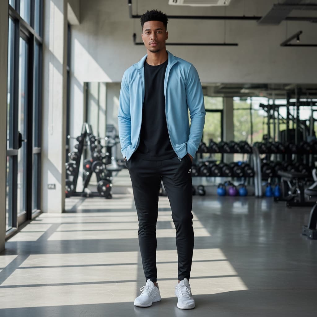 Light Blue Activewear Jacket With A Zip-Up Design, Paired With Black Sporty Pants And White Running Shoes.