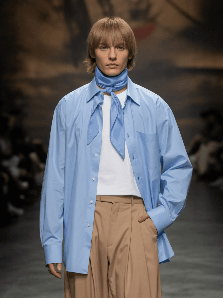 Relaxed-Fit Light Blue Button-Up Shirt With Matching Neck Scarf, Layered Over A White T-Shirt And Paired With Beige Wide-Leg Trousers