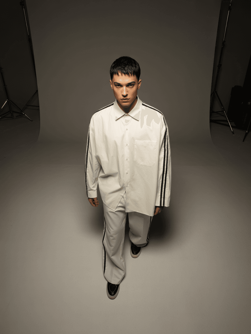 White Oversized Shirt With Black And White Side Stripes, Paired With Matching White Pants And Black Sneakers.
