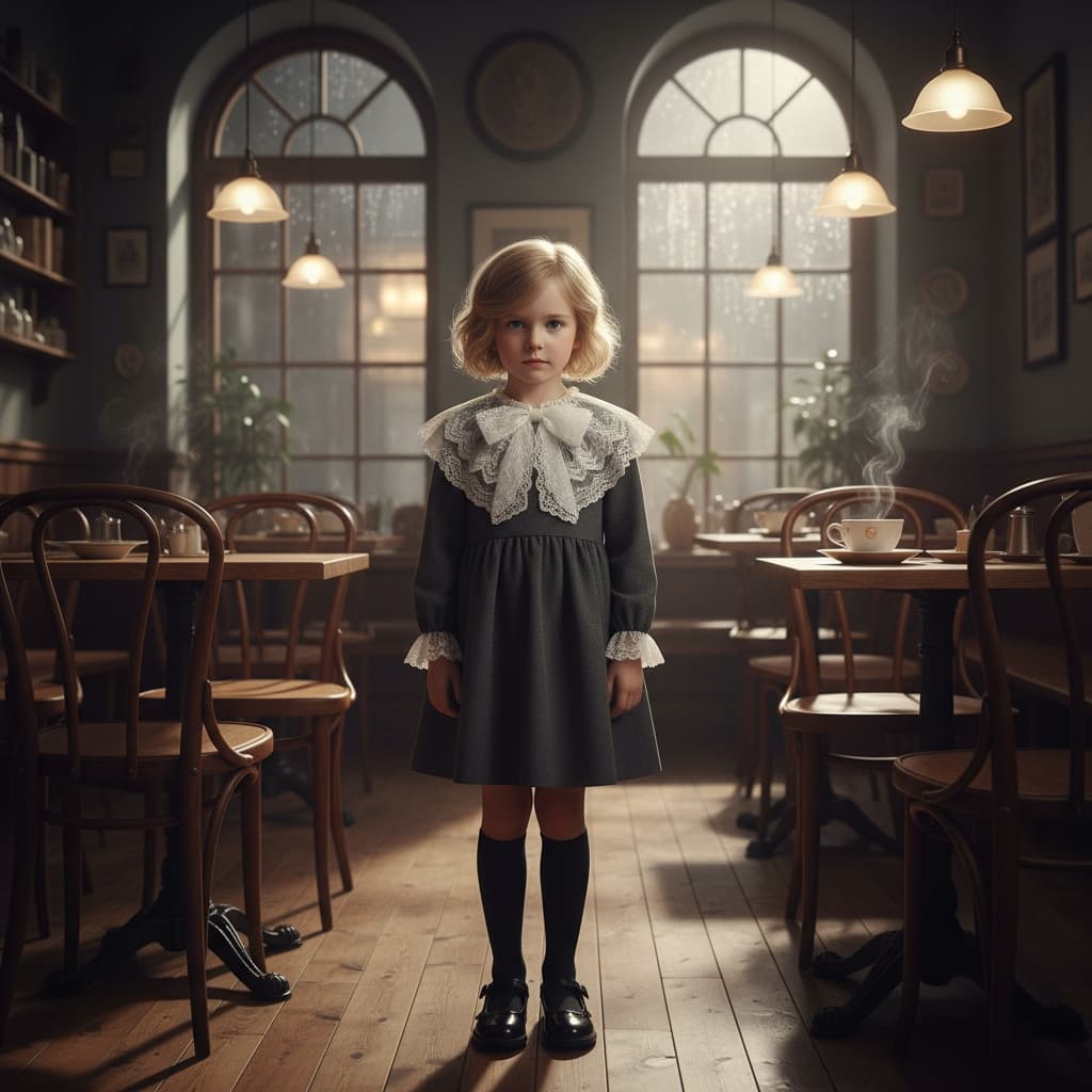 Grey Dress With A Frilly Collar And A Bow Detail, Paired With Black Shoes And Socks.