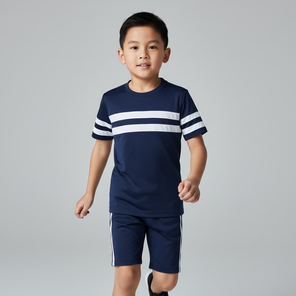 Navy Blue Sports T-Shirt With White Stripes, Paired With Matching Shorts