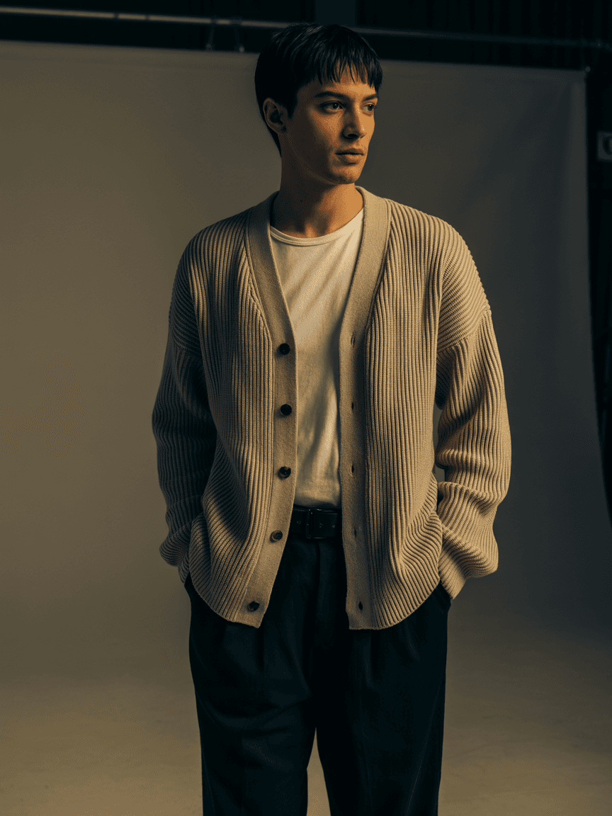 Beige Ribbed Knit Cardigan With Button Closure Layered Over A White T-shirt, Paired With Loose Black Trousers
