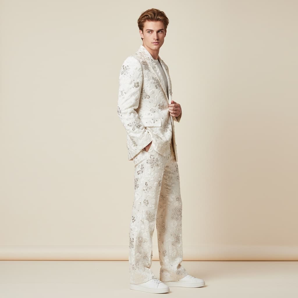 White Embellished Coat And Pants With Floral Details, Paired With White Shoes.