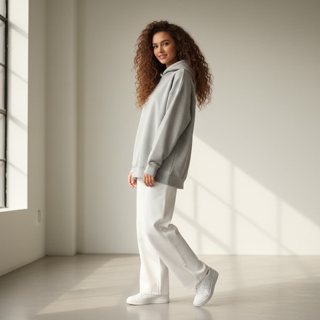 Gray Oversized Hoodie, White Pants, And White Sneakers.