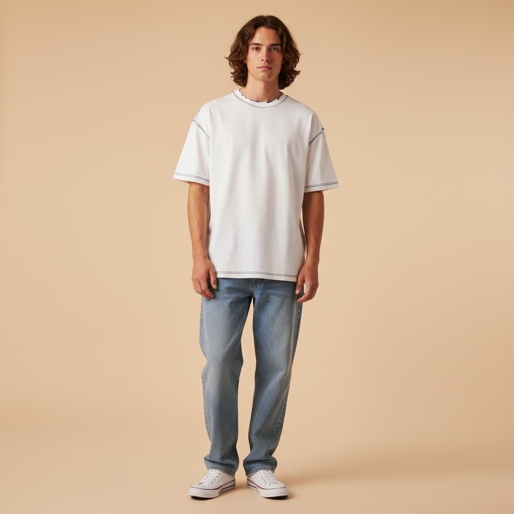 White Oversized T-Shirt With Blue Stitching, Light Blue Loose-Fitting Jeans, And White Sneakers.