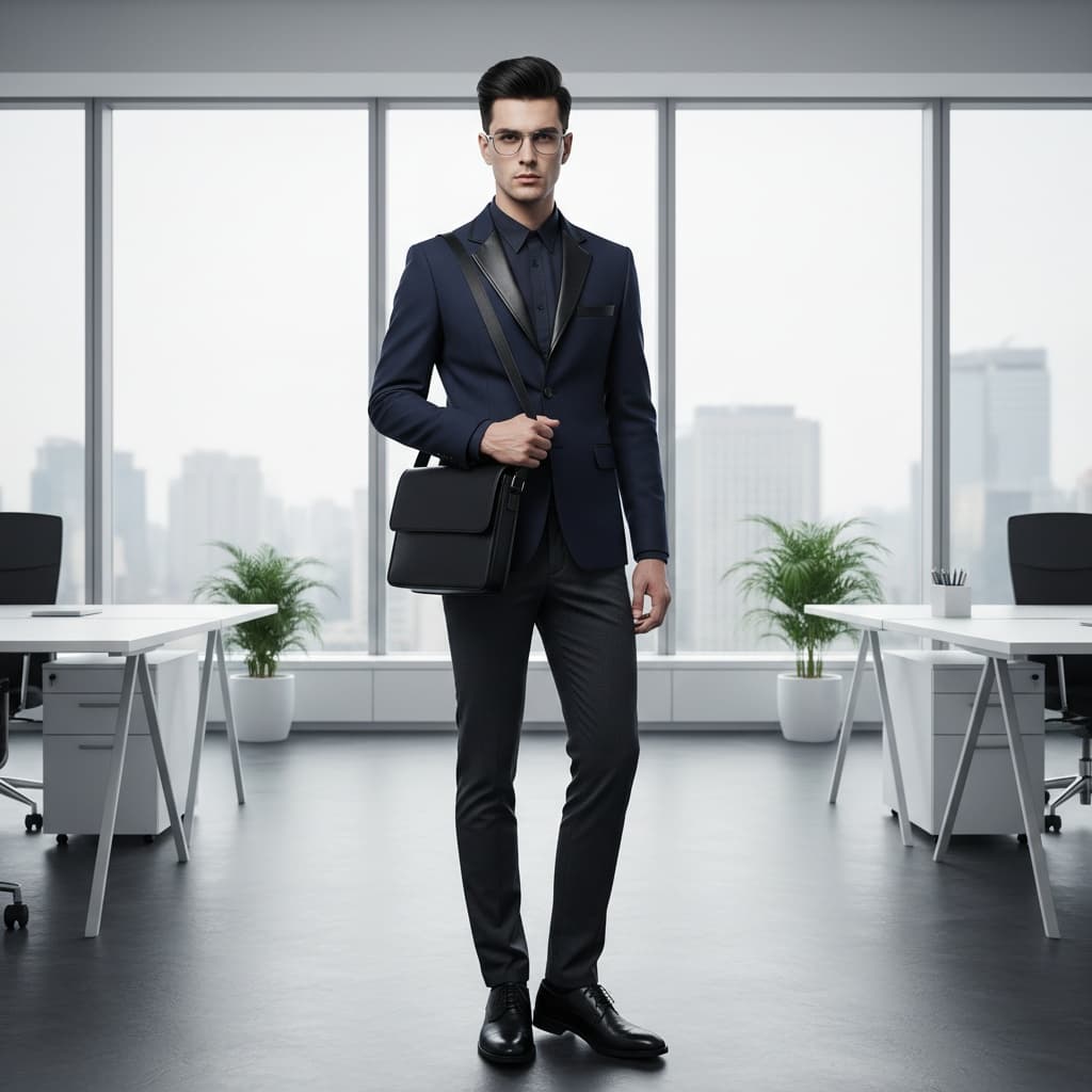 Dark Blue Leather-Trimmed Jacket, Dark Gray Pants, Black Shoes, And A Black Bag.