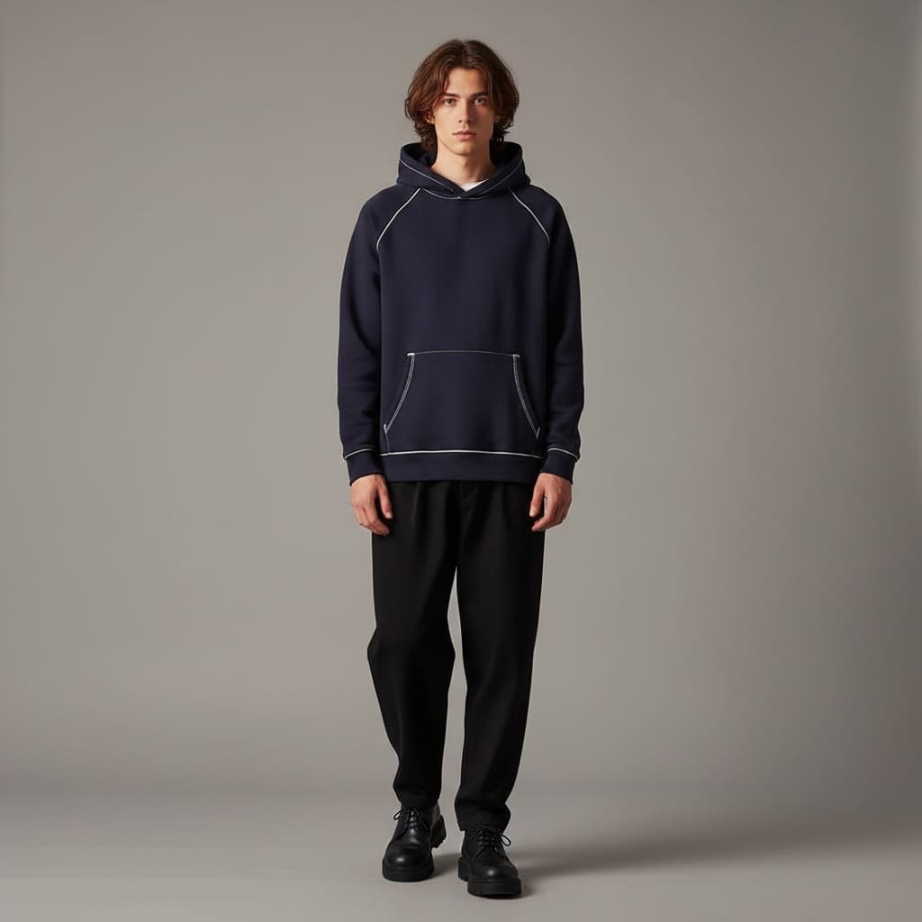Navy Hoodie With Visible Stitching, Black Loose Trousers, And Black Chunky Shoes.