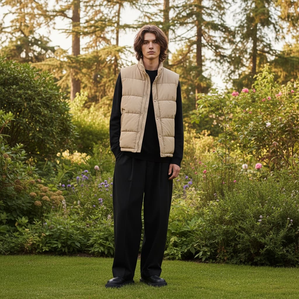 Beige Sleeveless Puffer Vest With Black Loose Trousers And Black Chunky Shoes.