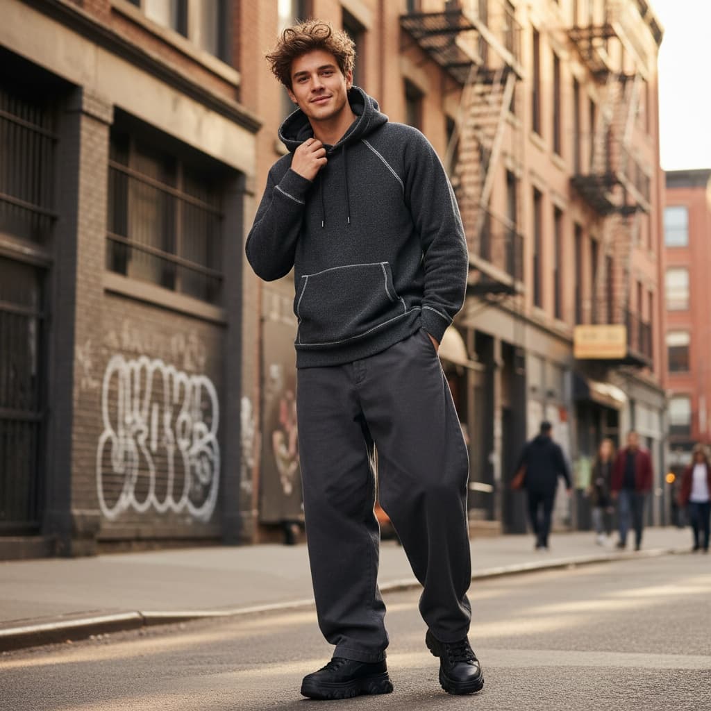 Dark Grey Hoodie With Stitching Details, Dark Grey Wide-Legged Trousers, And Black Chunky Shoes.
