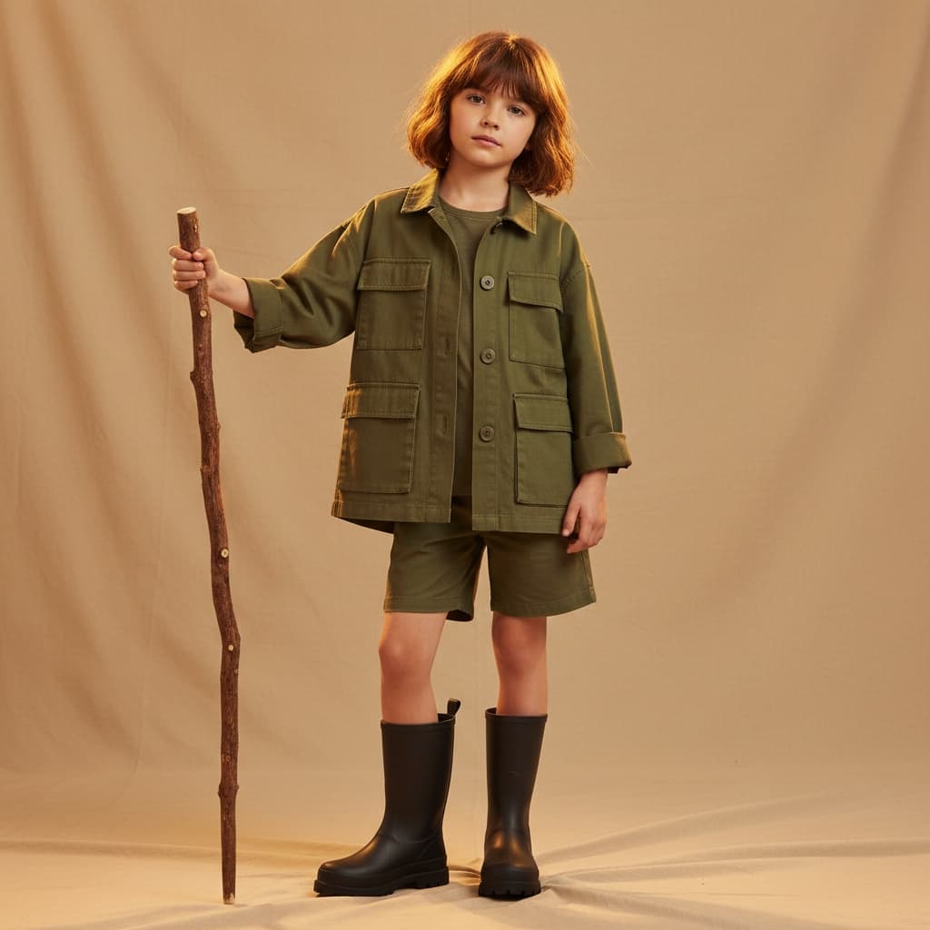 Olive Green Jacket And Shorts, With Black Rubber Boots And A Walking Stick.