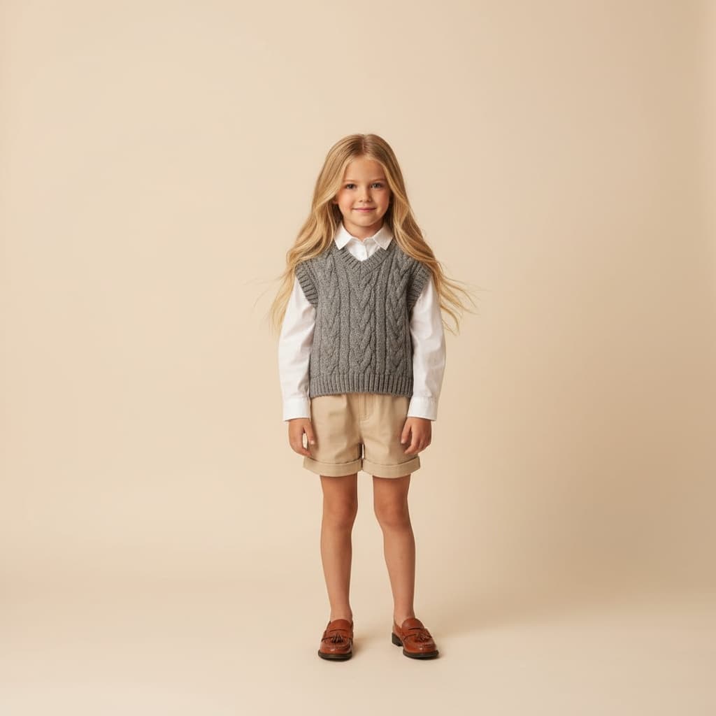 White Shirt, Grey Knitted Vest, Beige Shorts, And Brown Shoes.