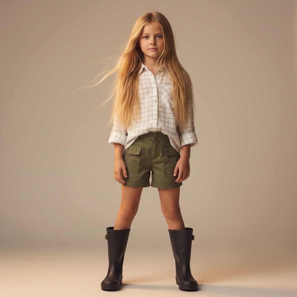 White Checkered Shirt With Long Sleeves, Olive Green Shorts, And Black Rubber Boots.