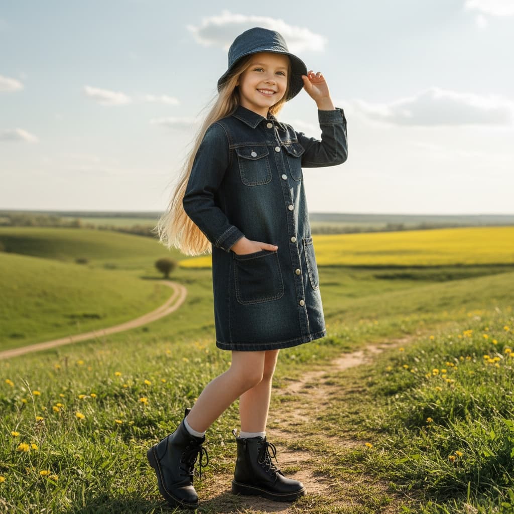 Dark Denim Dress With A Pocket, Denim Hat, And Black Boots.