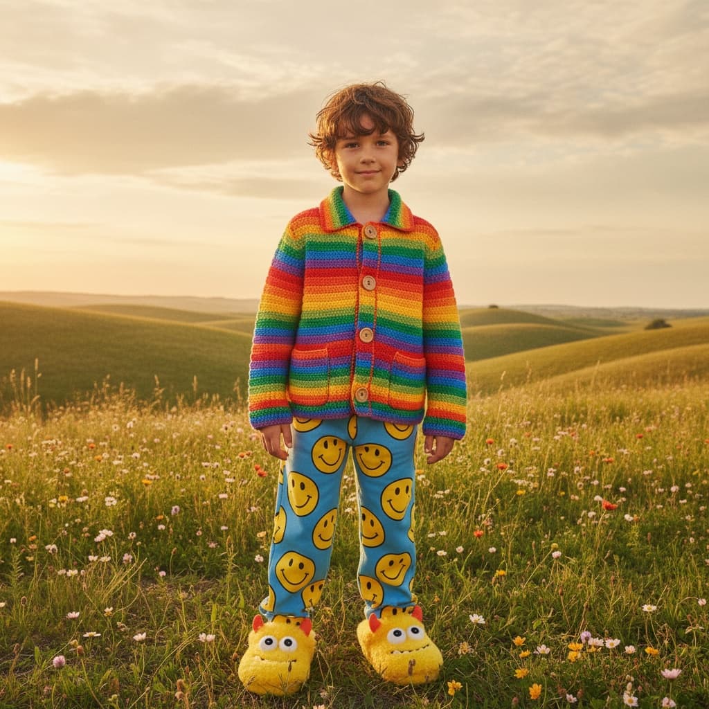 Rainbow-Colored Crochet Jacket With Smiley Face Pants And Yellow Slippers.
