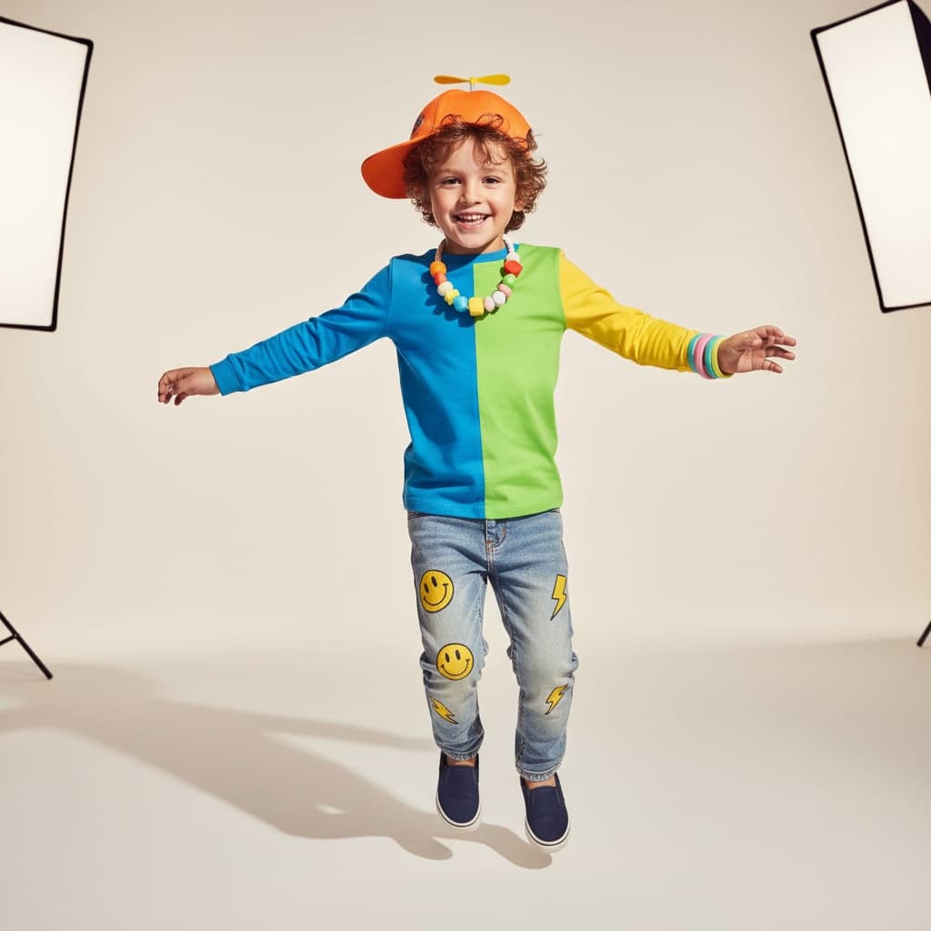 Color-Blocked Shirt, Denim Pants With Smiley Face Designs, And Playful Accessories.