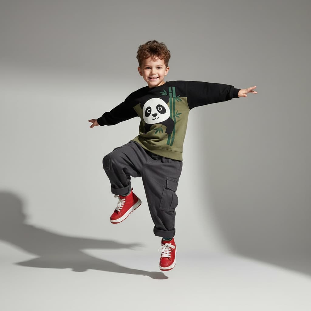 Black And Green Shirt With A Panda Design, Oversized Pants, And Red Sneakers.