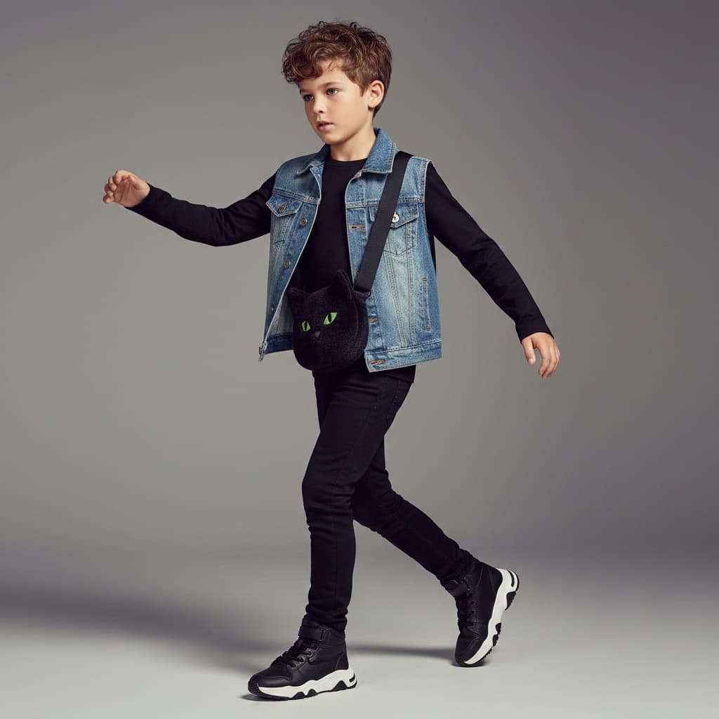 Denim Vest, Black Shirt, And Black Pants With A Bag Shaped Like A Black Cat.
