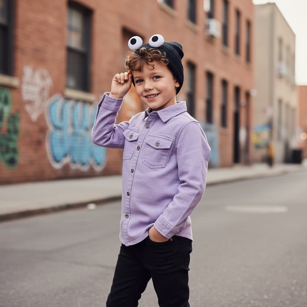 Light Purple Denim Shirt, Black Pants, And A Black Hat With Large Eyes.