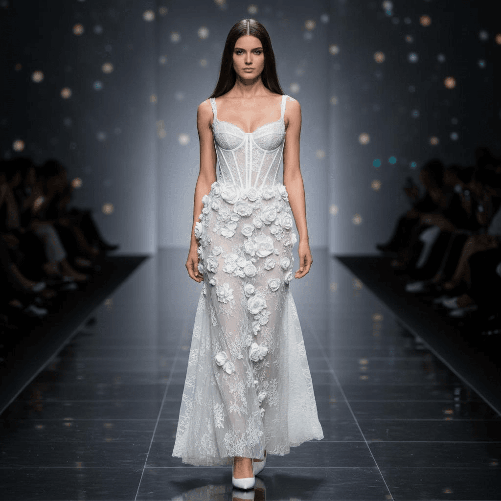 White Corset Dress With Lace Details And Floral Embellishments On The Center, Paired With White High Heels
