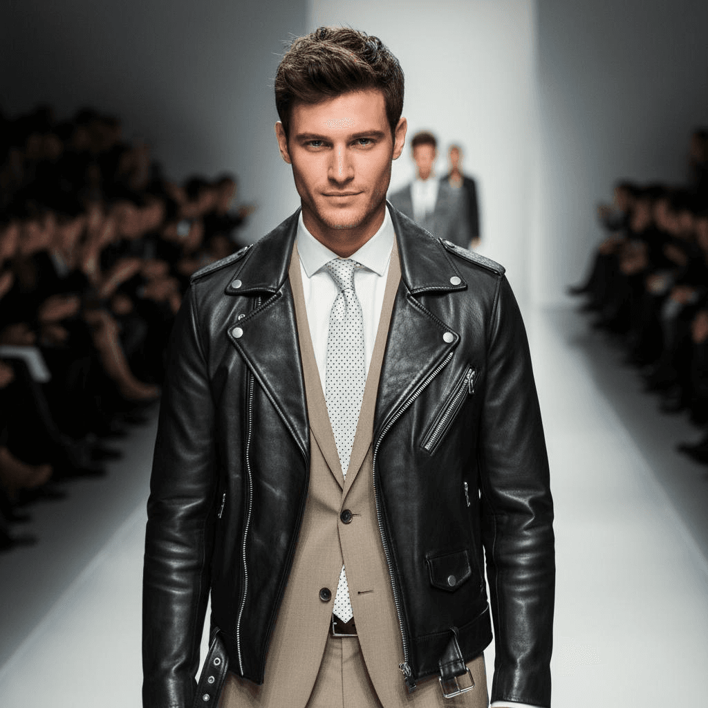 Black Leather Jacket, Beige Suit, And Polka-Dot Tie