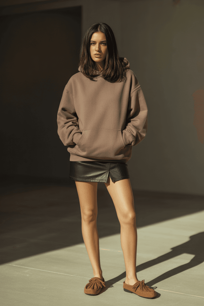 Oversized Brown Hoodie, Black Mini Skirt, Brown Moccasins