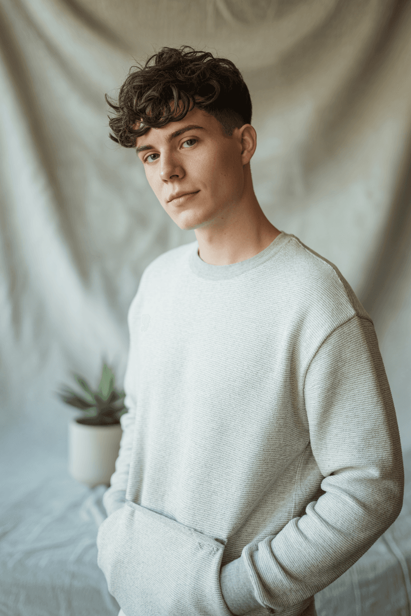 Light-Grey Textured Crewneck Sweater With Rib Trims