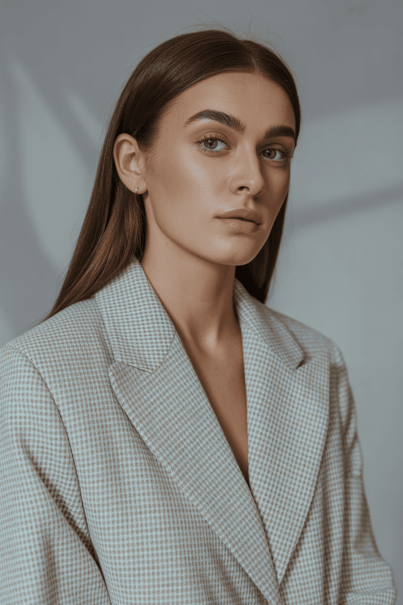 Light-Grey Checked Blazer With Notch Lapels