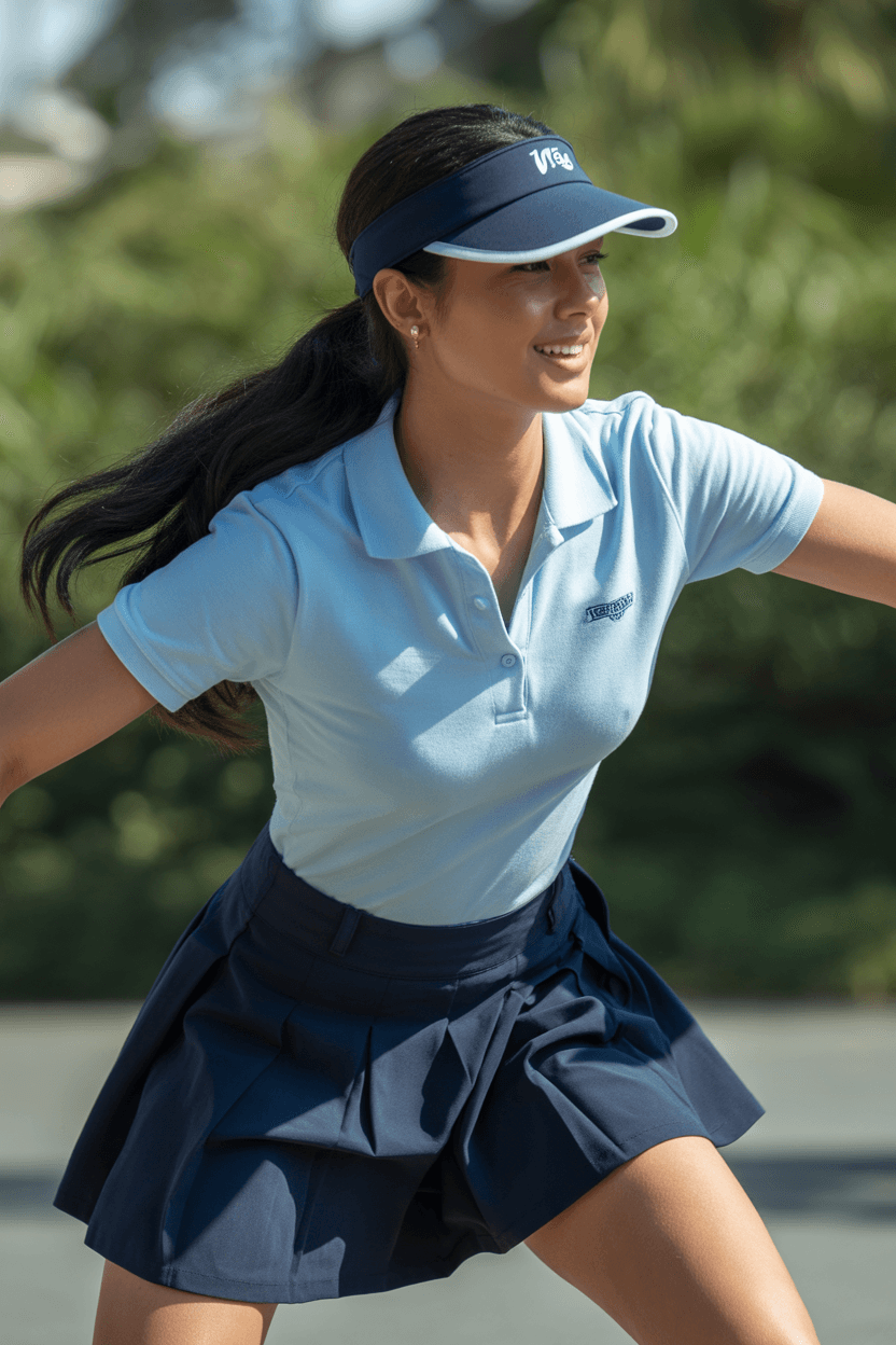 A Light Blue Polo Shirt Tucked Into A Pleated Skirt