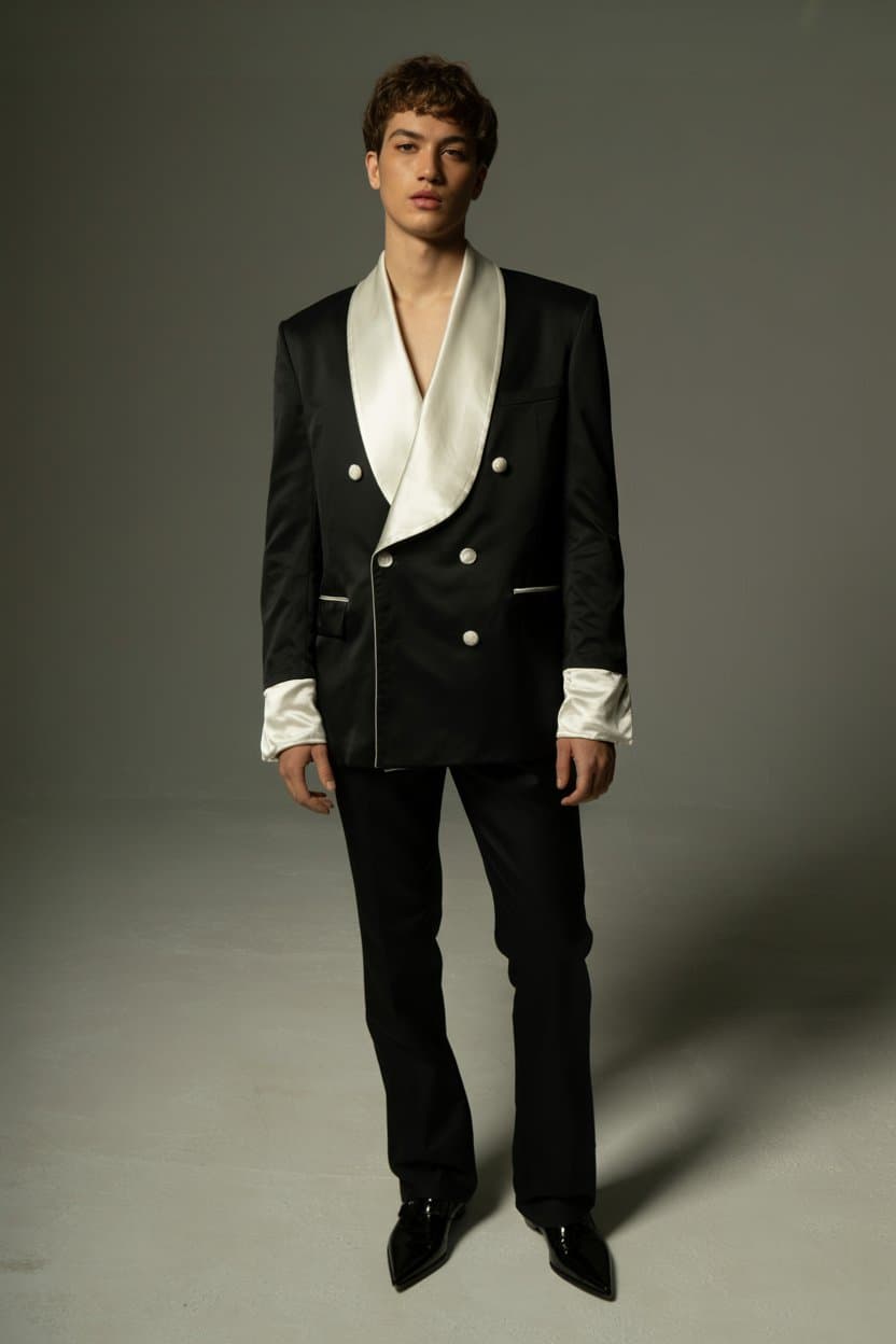 Black Double-Breasted Blazer With White Satin Shawl Collar And Cuffs, Black Trousers, And Black Pointed Shoes